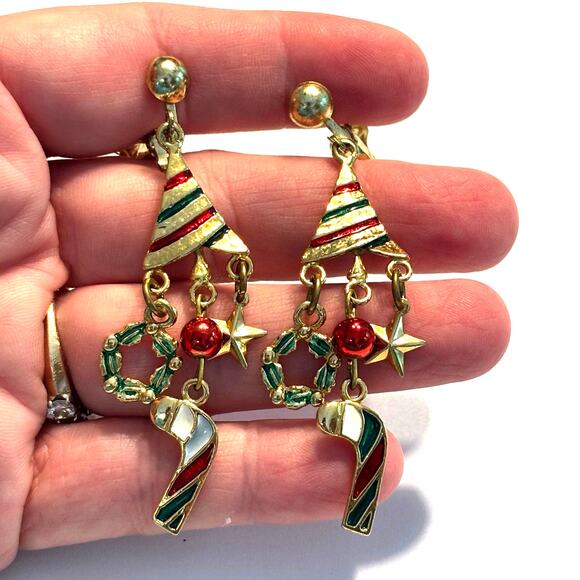 Christmas holiday theme clip on earrings drop & dangle gold multicolor novelty - Picture 2 of 7